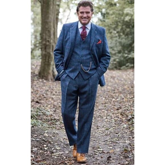 Peter Christian Harris Tweed 3 Piece Suit Marine Blue Plaid 48 Jacket 46/29 Pant - Picture 2 of 16